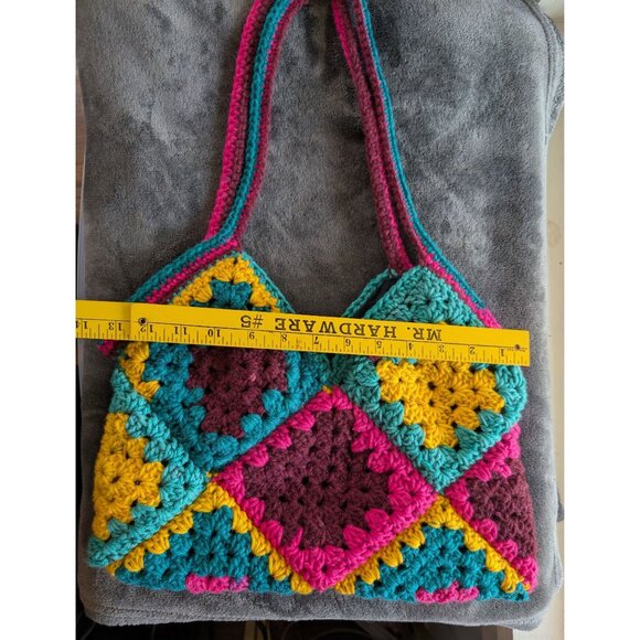 Handmade Multicolor Crochet Granny Square Lined Tote Bag With Patchwork Design - Picture 7 of 9